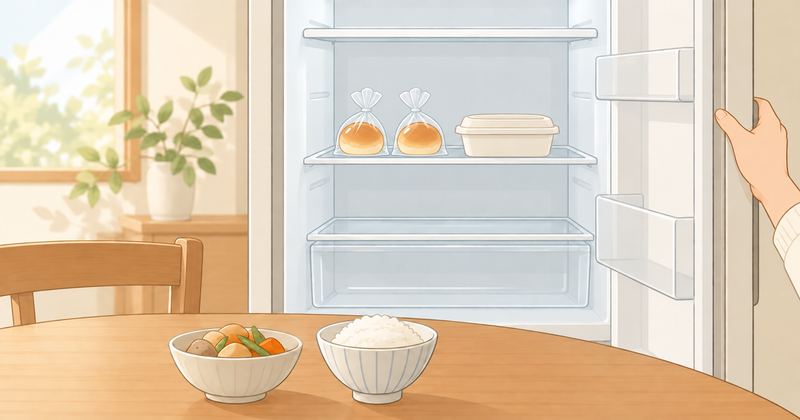 開いた冷蔵庫の棚はすかすかで、菓子パン2つとふた付きの惣菜が1つだけ、手前の食卓に煮物の小鉢とごはん茶わんが1つある。