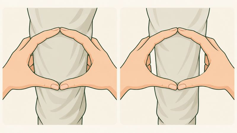 両手の指で作った輪でふくらはぎを囲み、左はぴったり収まるが右はすき間ができている。