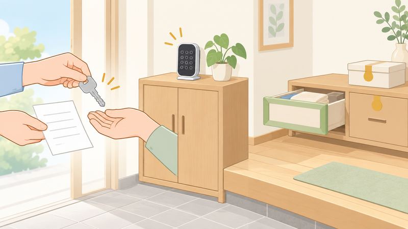 玄関で合鍵と預かり証を渡す手があり、靴箱の上にテンキー、奥には開けてよい引き出しと封のされた小箱が並ぶ。