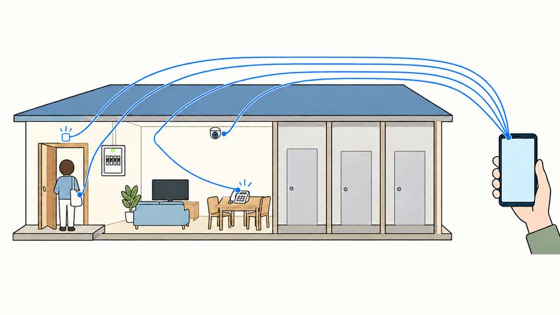 訪問者、玄関のセンサー、居間のカメラ、食卓の電話から青い線が家の外のスマホ1台へ集まり、右の3部屋には線が届かない。