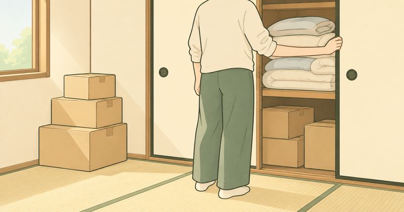押し入れの前に人の後ろ姿が立ち、半分開けた戸の中に箱と布団が詰まり、部屋の隅には封をした段ボールが3箱重なっている。