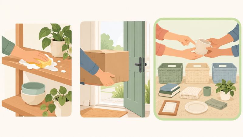 掃除・運び出し・仕分けの3場面が横に並び、二人の手が品物を3つのかごに分ける場面だけ緑の枠で囲まれている。