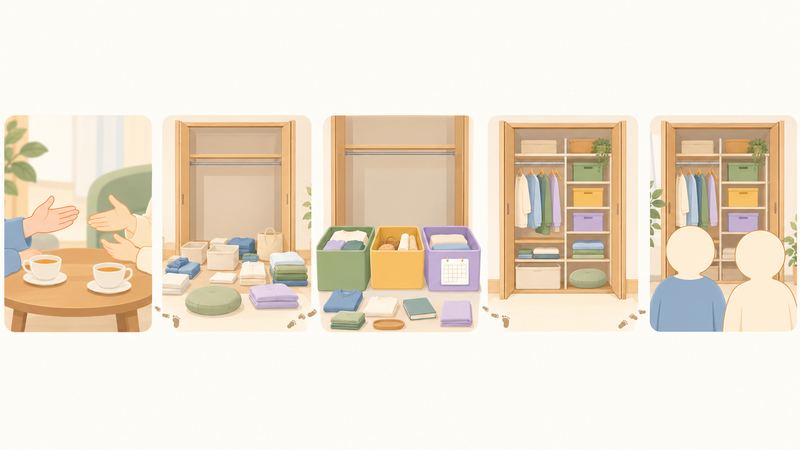 押し入れの片付けが、相談から全部出し、仕分け、収納、二人で眺める後ろ姿まで五コマで進んでいる。