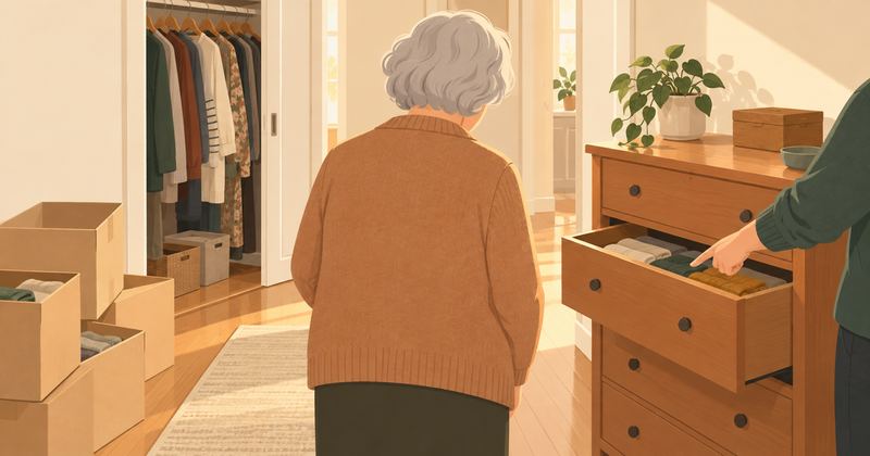 実家の廊下で人が後ろ姿で立ち、横で家族の手が整理だんすの引き出しを指さし、脇に段ボールと詰まった押し入れがある。