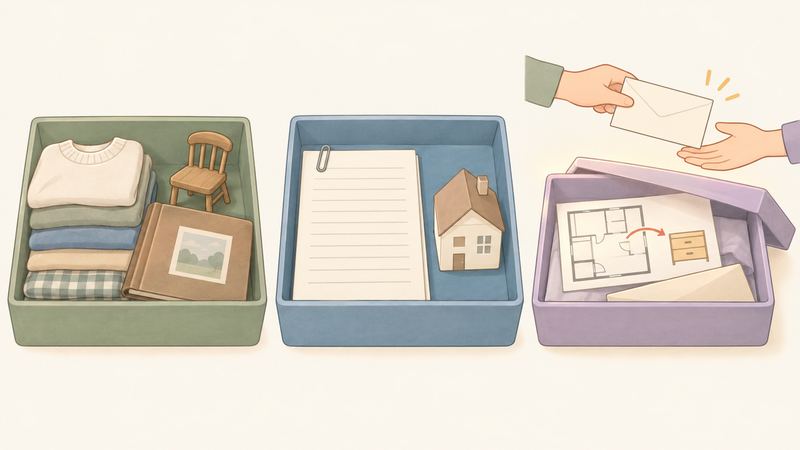物と財産、情報の三つの箱が並び、右の情報の箱だけふたが開きかけて見取り図と封筒が見えている。