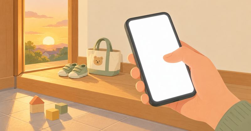夕焼けの玄関に小さな靴と通園バッグ、積み木があり、手前でスマホを持つ手の親指が白い画面の上で止まっている。