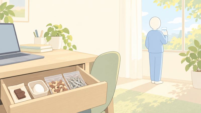 仕事机の引き出しにチョコやゆで卵、ナッツの袋があり、窓辺で人がコップを持ち外を見ている。