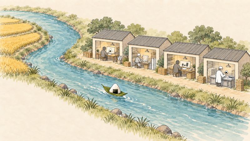 田んぼと川の岸に小屋が4軒並び、おにぎりの絵を描く人、フィルムを試す人、グラフを見る人、検査する人がそれぞれ働いている。