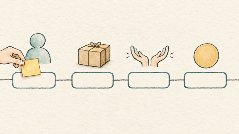 1本の線の途中に4つの空欄枠が並び、人型や箱、手、硬貨の絵が付き、左端に手が付せんを貼る。