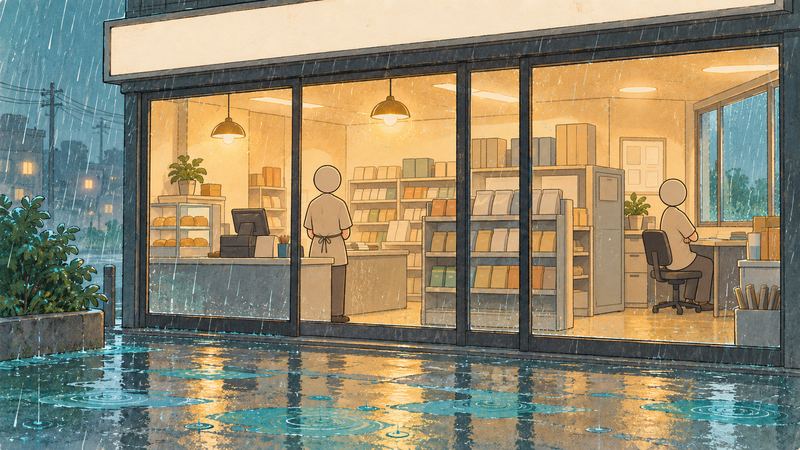 雨の夜のコンビニをガラス越しに見た構図で、レジ横で一息つく店員と、奥の机で腕を組み窓の雨を見上げる人が描かれている。