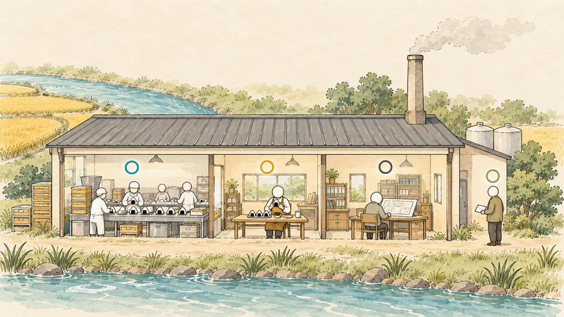 工場の断面図で、作業員がラインで作り、別の人が試食し、別の人が図面を見て、外から人が見守る。