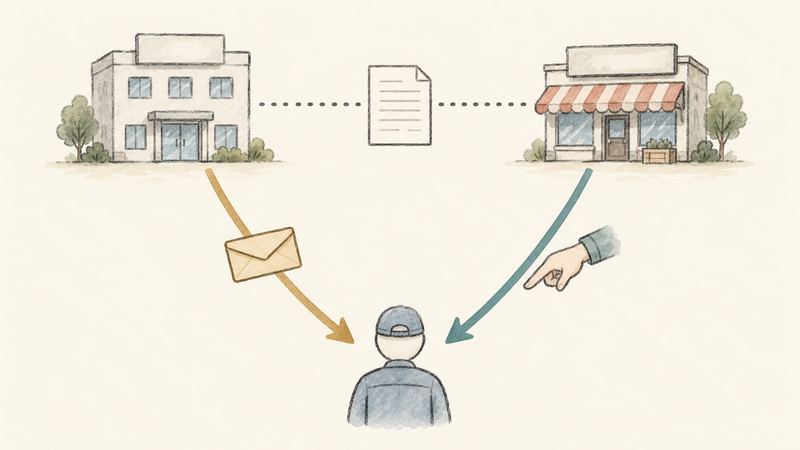 三角形の関係図で、事務所から働く人へ矢印と封筒、店から働く人へ矢印と指さす手が向かい、2つの建物は点線でつながれている。