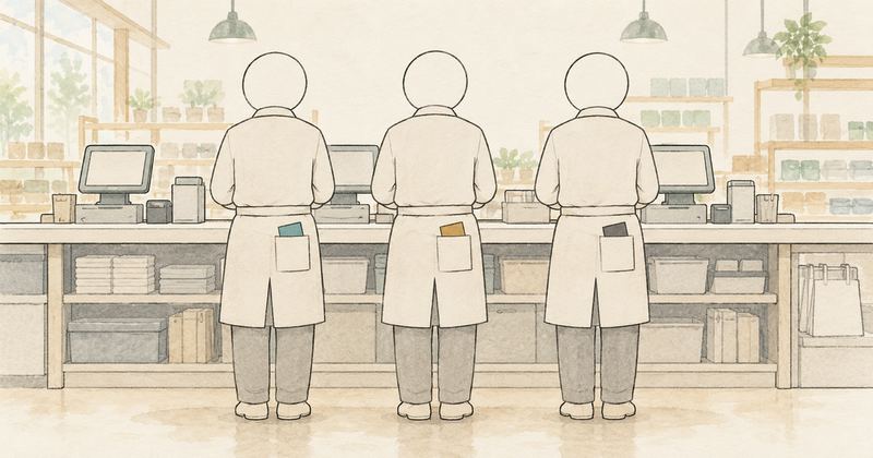 同じ制服で並ぶレジ内の3人の後ろ姿は、ポケットからのぞく紙の色だけが青緑、金茶、墨と違っている。
