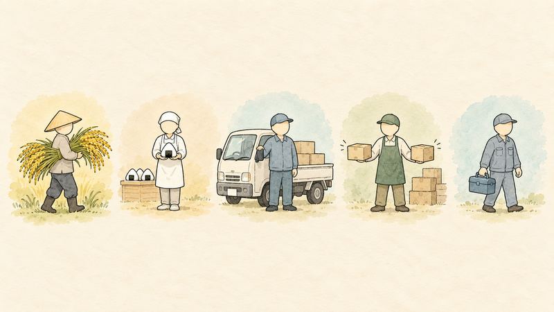 5人が横一列に並び、稲を抱える人、おにぎりを渡す人、運転手、箱を運ぶ人、工具箱を提げる人が続く。