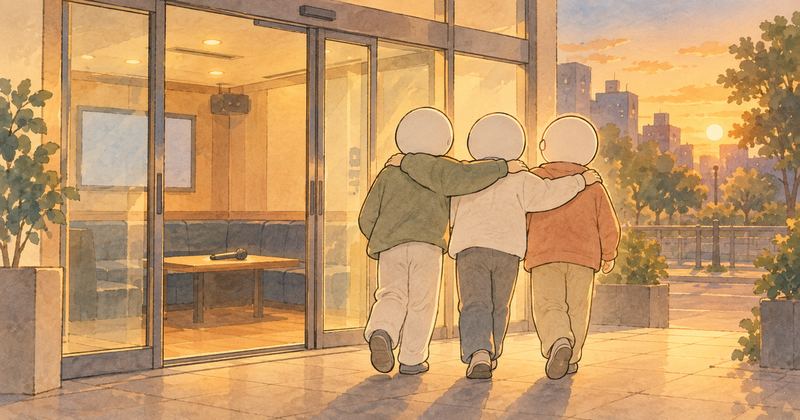 夕方、自動ドアから肩を組んで出てくる3人の後ろ姿の奥に、ガラス越しの小部屋とマイクがうっすら見える。