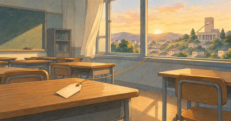 放課後の教室で1つの机に結ばれた無地の荷札のひもが、窓の外の時計台のある庁舎までのびている。