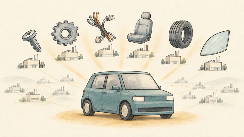 光を浴びた手前の車の奥に、ネジ、歯車、配線、座席、タイヤ、ガラスの部品が扇形に浮かび、その下や遠くに小さな工場が並ぶ。