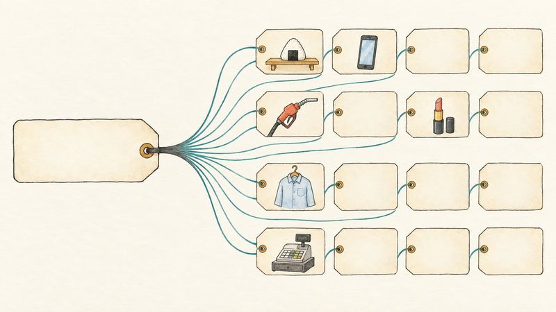 左の大きな荷札から紐が16本扇形に広がり、右の小さな荷札のうち6枚だけに絵記号が付く。
