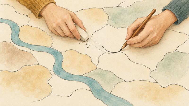 生成りの区画図の上で、消しゴムを持つ手が線を消し、その少し横で鉛筆を持つ手が新しい線を引き直している。