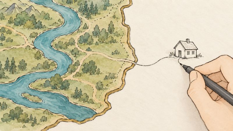 塗られた地図の外の余白にある線画の家へ、手がペンで道を描き足している。