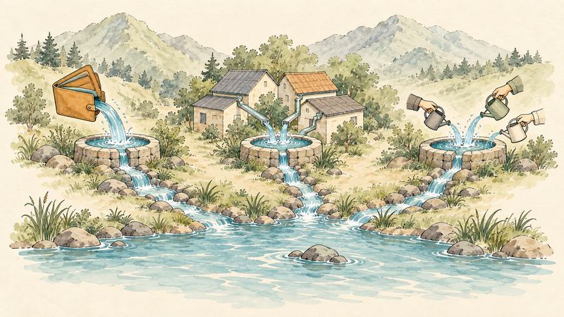 山あいの3つの泉から、財布や家の屋根、じょうろの水が流れ出し、3本の小川となって池に合流する。