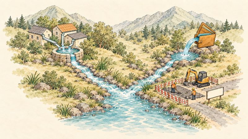 井戸と財布から流れる2本の川が合流する地点の岸辺で、道路工事が行われている。