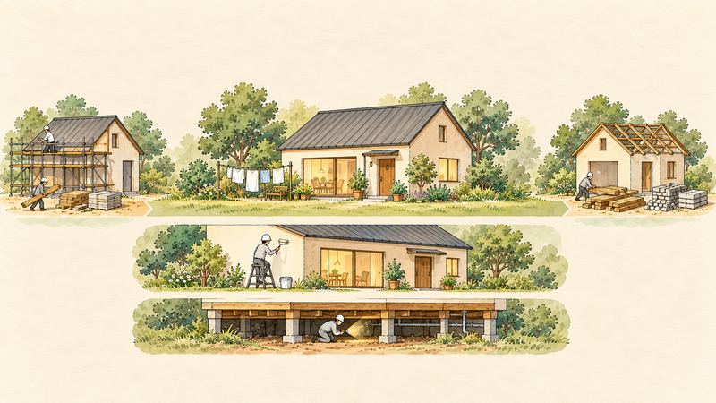 建築中の家、住んでいる家、解体中の家が並び、下段で外壁を塗る人と床下を点検する人が働く。