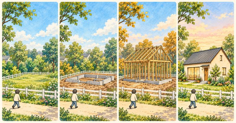 柵に囲まれた空き地が、基礎、木の骨組み、屋根のある家へと4コマで変わり、どのコマも手前の道を同じ人が歩いている。