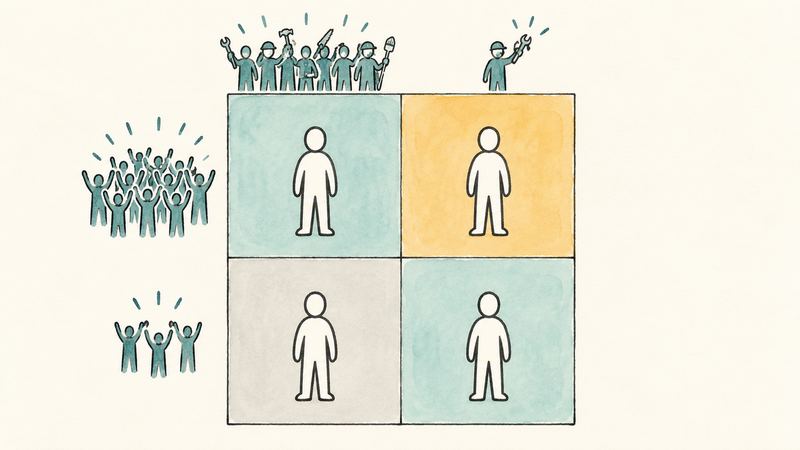 2×2の格子の各マスに人型が立ち、上辺は工具を持つ人の多さ、左辺は手を挙げる人の多さを示す。