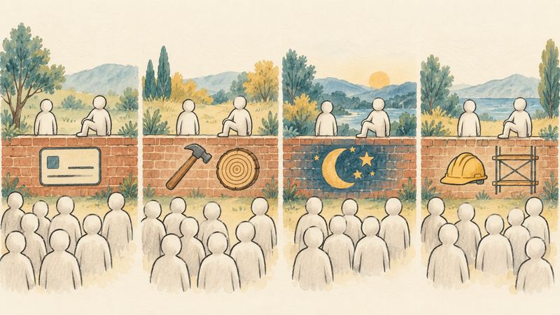 カード、金づちと年輪、月と星、ヘルメットと足場を描いた4枚のれんが壁の手前に大勢が並び、上には2人ずつだけがいる。