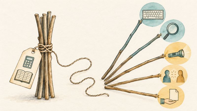 左は電卓と帳簿の札が付いた1つの束、右はほどけた5本の棒の先に別々の仕事の絵記号が並ぶ。