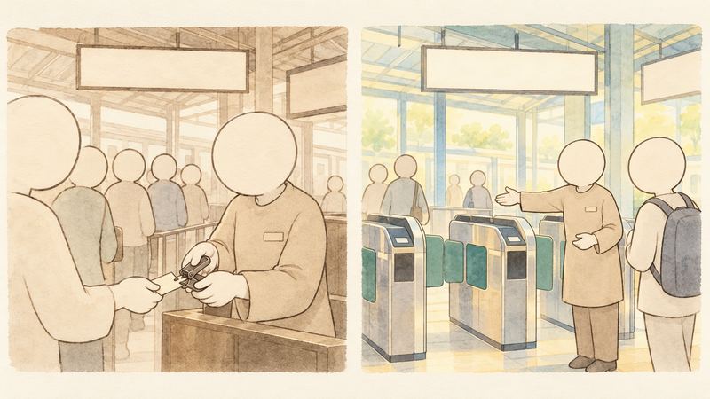 左はセピア調の昔の改札で駅員が切符にハサミを入れ、右は明るい色で自動改札の横に立つ同じ駅員が道を手で示している。