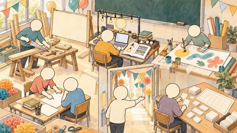 文化祭準備の教室を俯瞰し、木材を切る人、照明を調べる人、絵を描く人、教える人、呼び込む人が働く。