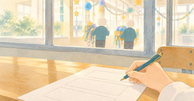 机の上で空欄の進路希望用紙を前にペンが止まり、窓の外の廊下では文化祭の飾りを運ぶ生徒たちが見える。
