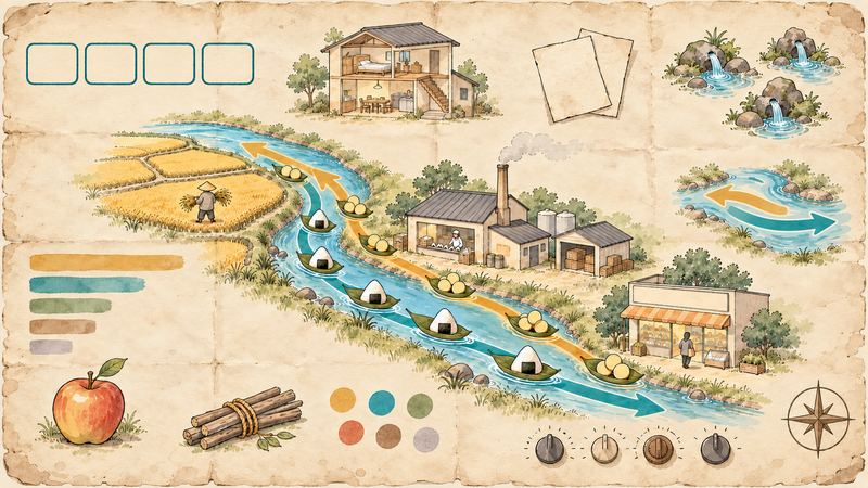 使い込まれた地図の上を川が流れ、これまでの図に出た絵記号が周りに散らばり隅にコンパスがある。