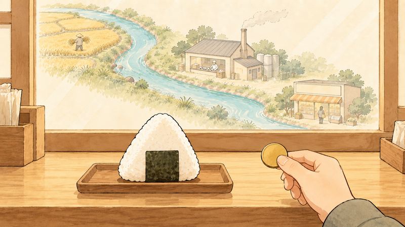 コンビニのカウンターでおにぎりに硬貨を差し出す手があり、窓には田んぼから工場を通って店に届く川の風景が重なって見える。