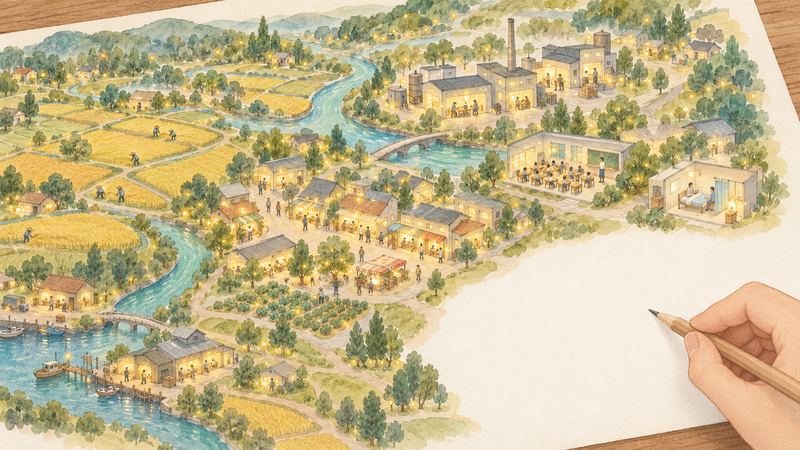 田んぼや川、町を描いた地図に無数の小さな灯りが散らばり、余白の端に鉛筆を持つ手がそっと近づいている。