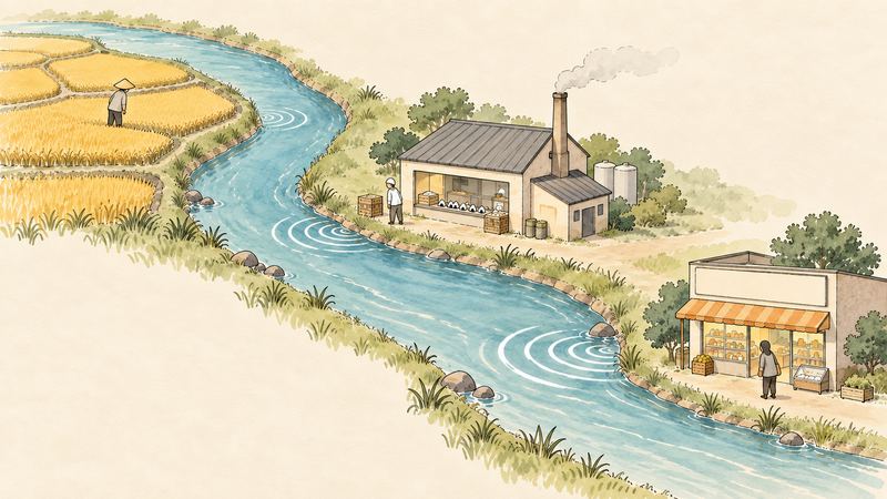 川沿いの田んぼ、工場、お店それぞれの前の水面に波紋が立ち、川下ほど輪が大きく広がっている。