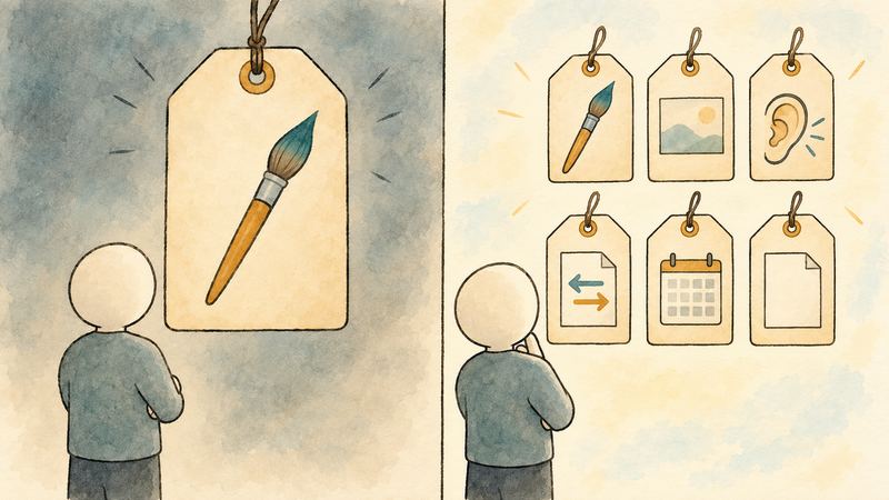 左は暗い色調で大きな1枚の札を前に腕組みする人、右は明るい色調で同じ人が6枚の札を眺める。