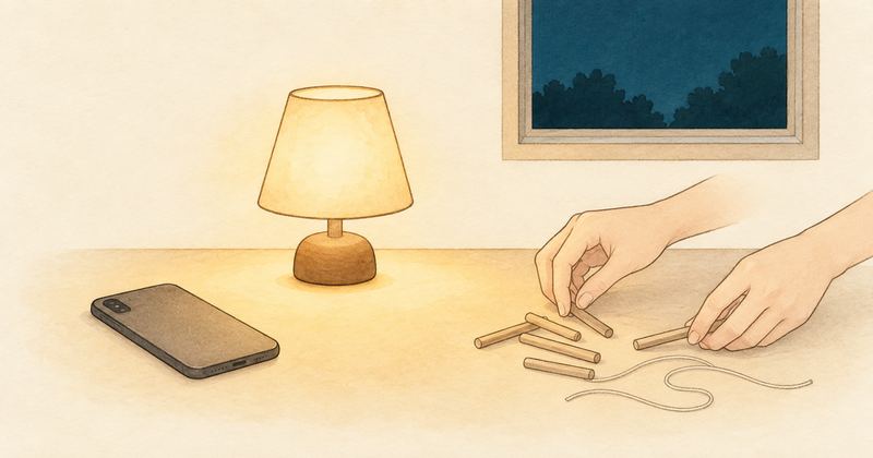 夜の机に伏せたスマホが置かれ、スタンドの明かりの下で両手がほどけたひもの棒を手に取り始めている。