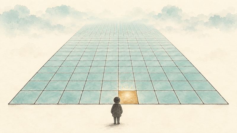 奥ほど細かく霞んでいく方眼の盤の中で、1マスだけ金色に光り、小さな人がそこを見つめている。