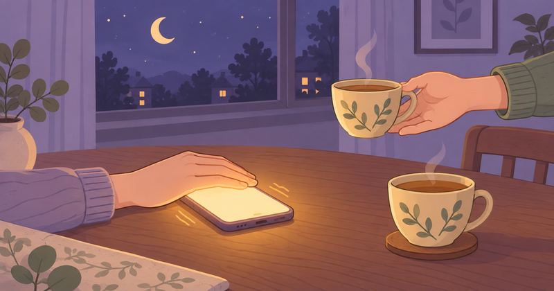 夜のテーブルで光って震えるスマホに片手をかぶせて止め、もう一方の手が湯のみを差し出している。