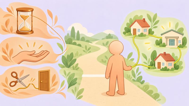 左に急がせる砂時計や要求する手が並び、道の停止線で立ち止まった人から糸が家々へとつながる。