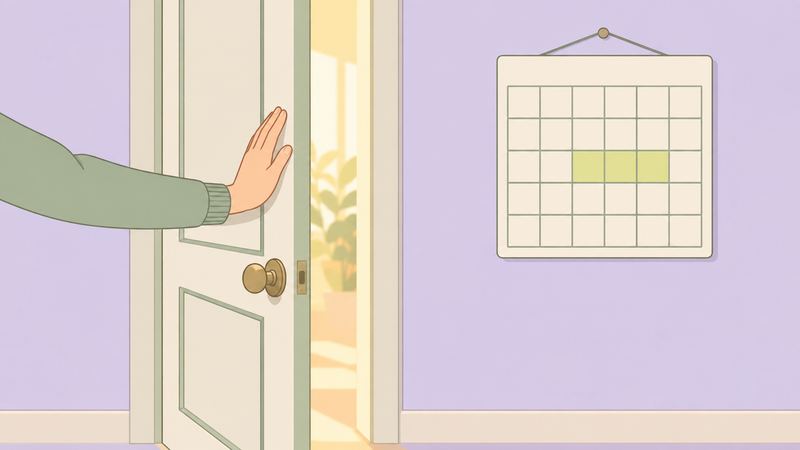 閉まりかけた扉のすき間を手が押し戻し、横の暦には連続した3日間だけ黄緑の色がついている。
