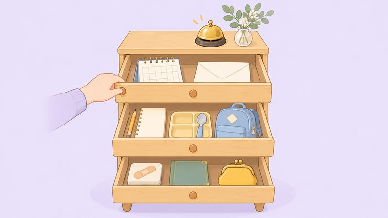 3段の木の引き出しが開き、上段に暦と封筒、中段に文具や給食用品とかばん、下段に絆創膏の箱や本、がま口が並んでいる。