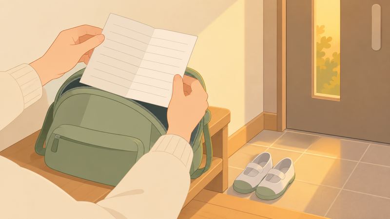 玄関先でかばんから取り出したお便りを手が広げ、足もとのタイル床に小さな上履きが1足置かれている。