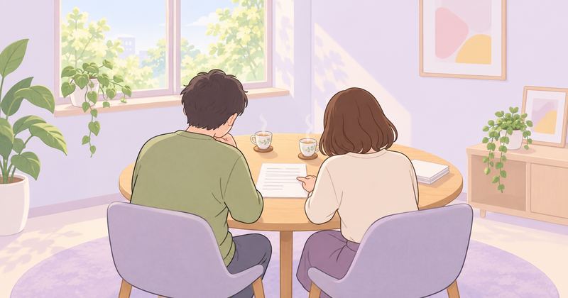 明るい相談室で2人が並んで座り、書類を一緒にのぞきこみながら湯のみを挟んで話している後ろ姿。
