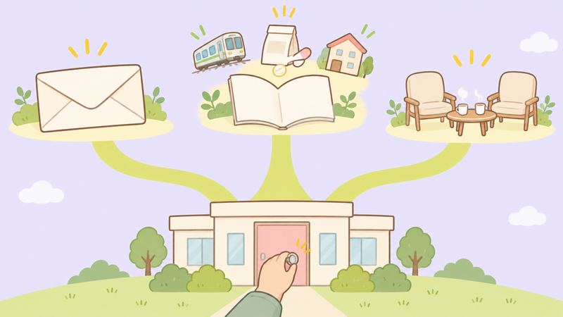 無地の建物のドアノブに手がかかり、3本の枝道の先に封筒、手帳と電車や薬袋、椅子とマグカップが描かれている。