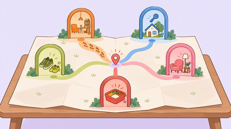 机の地図の現在地から5色の道が部屋、家と鍵、靴、椅子、食べ物の箱の入口へのび、オレンジの道にだけ足あとがある。