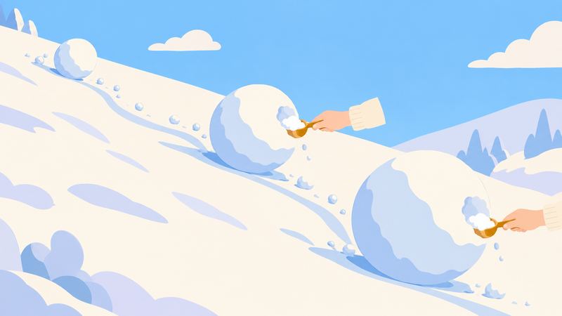 坂を転がるほど大きくなる雪玉を、手が小さなさじで少しずつ削っているが玉のほうが速く膨らんでいる。